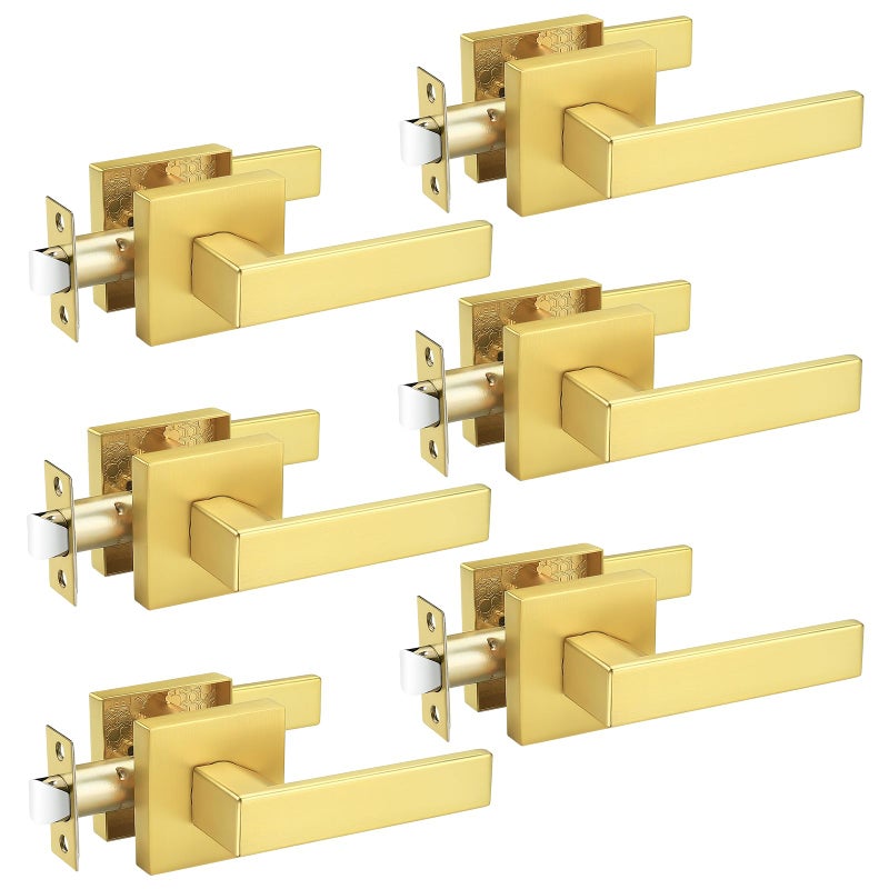 Probrico 6 Packs Gold Passage Door Handles Square Keyless Door knobs Interior Hallway Passage Closet Lever - Image 1